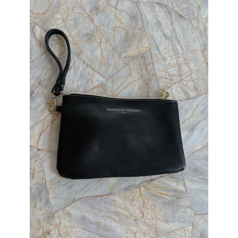 Adrienne Vittadini Studio Black Faux Leather Wristlet Pouch Gold Hardware Bag